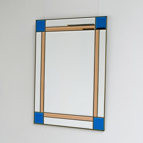Rare Vintage Italian Brass, Blue & Peach Colored Beveled Mirror