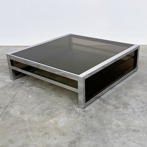 XL Belgo Chrom Square Coffee Table In Chrome & Smoked Glass – 1970S