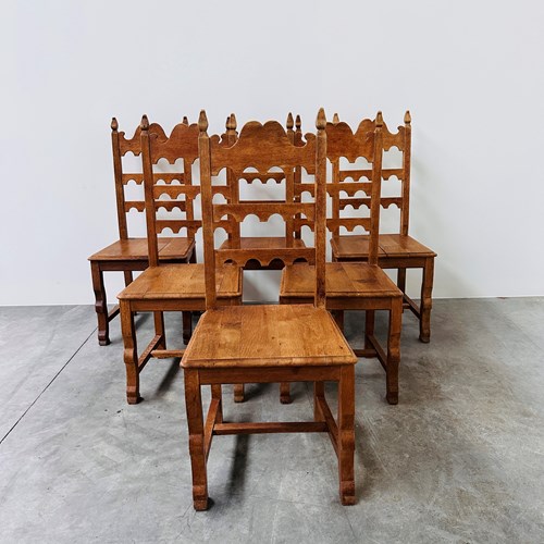 Set Of 6 Vintage Solid Oak High-Back Dining Chairs – Rustic European / Spanish