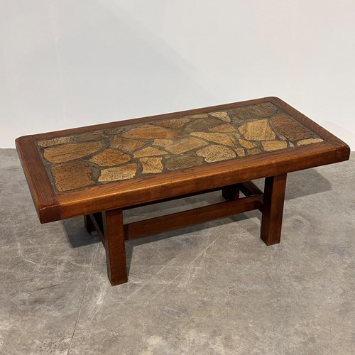 Vintage Brutalist Stone Mosaic Coffee Table – Solid Wood, 1970S