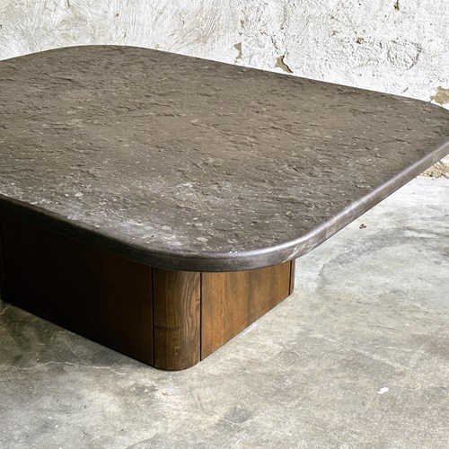 Midcentury Slate Top Brutalist Coffee Table On Wooden Base