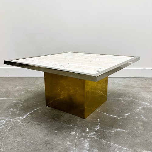 Travertin Coffee Table With Brass Base And Chrome Edges