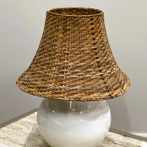 Vintage Ceramic Table Lamp With Rattan Shade, 1980S