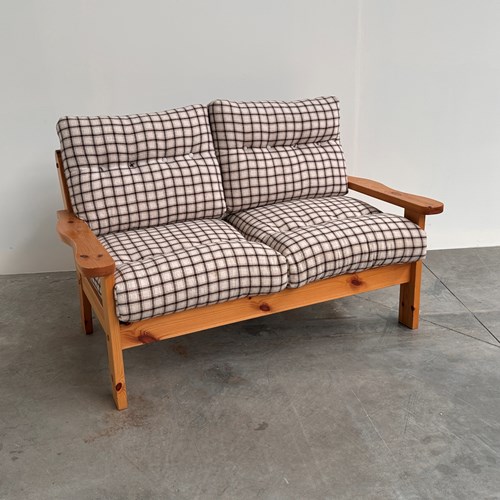 Vintage Pine Two-Seater Sofa With Original Plaid Upholstery, 1970S