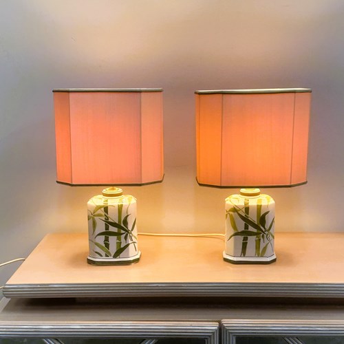 Pair Of Vintage Bamboo Ceramic Table Lamps With Shades | Hand Painted Oriental