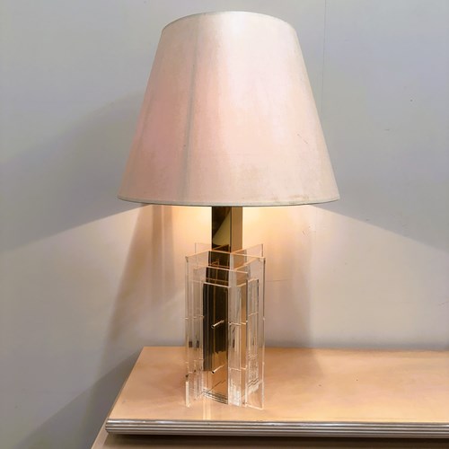 Large Glamourous 1970S Brass & Lucite Architectural Table Lamp.