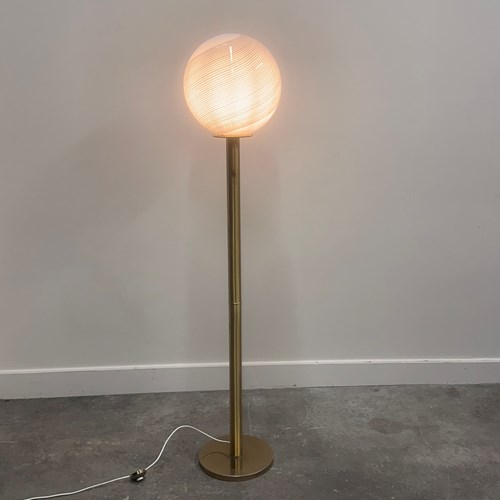 Large 1970S Italian Brass Floor Lamp With Swirled Murano Glass Globe 
