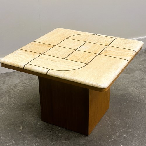 Graphic Travertine Tile Coffee Table On Oak Base, 1970S