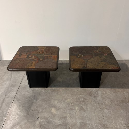 Pair Of Vintage Kneip Mosaic Slate Side Tables , 1970S