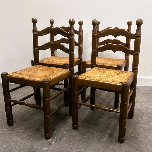 Set Of 4 French Provincial Oak & Rush Dining Chairs, 1960S