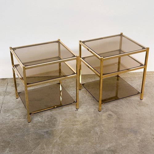 Pair Of Vintage Brass & Smoked Glass Three-Tier Side Tables, 1970S