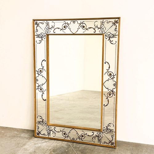 Large Vintage French Bistro Mirror With Hand-Painted Decoration 