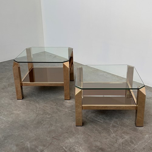 Set Of 2 Belgo Chrom Brass & Glass Coffee Tables, Belgium, 1970S