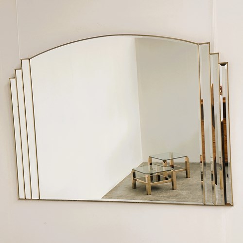 Vintage Art Deco Stepped Bevelled Mirror With Brass Trim, 1980S