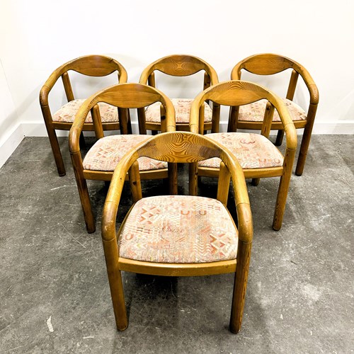 Set Of Six Rainer Daumiller Pine Wood Arm Chairs, 1970S.