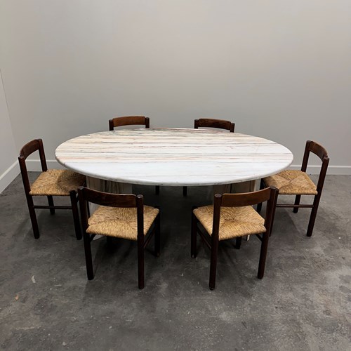Large Oval Italian Arabescato Rosso Marble Dining Table – 1970S Sculptural Stone