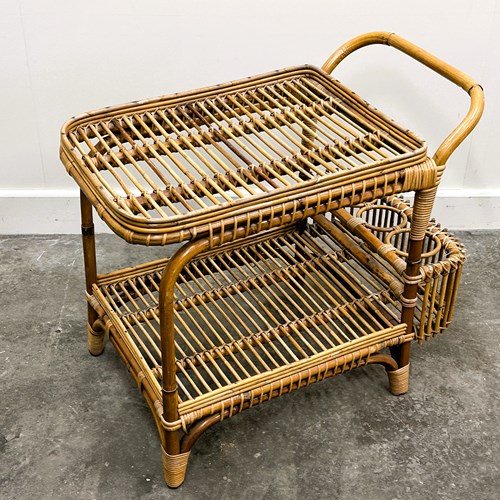 Vintage Italian Rattan Bar Cart With Bottle Holder, 1970S