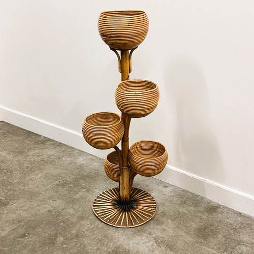 1960S Italian Bamboo Multi-Tier Plant Stand With Four Sculptural Bowls