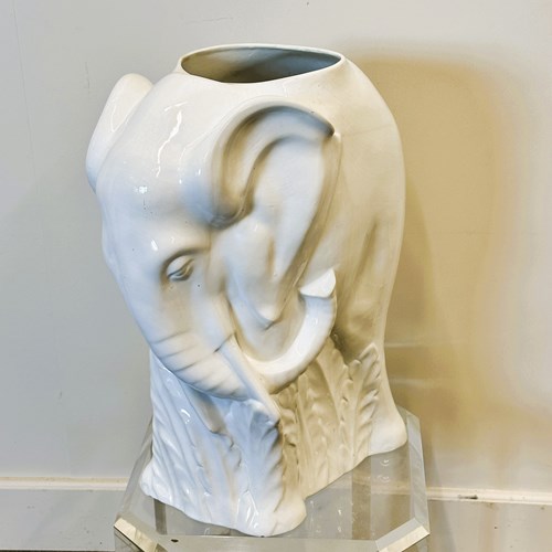 Vintage White Ceramic Elephant Umbrella Stand - Planter, France 1970S.