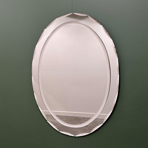 1970S Italian Oval Mirror By Crystal Arte With Faceted Glass Frame
