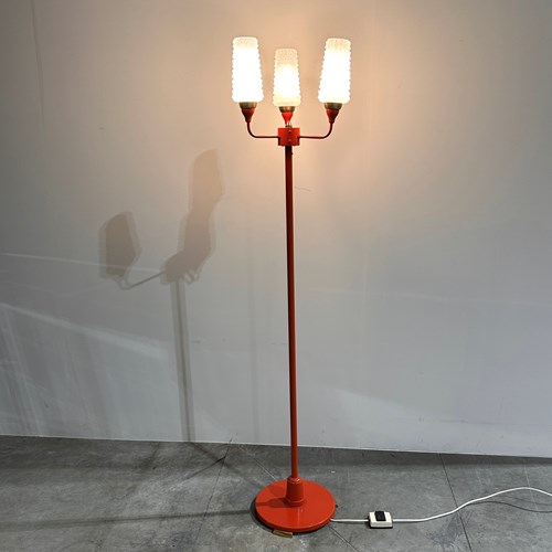 Vintage Red Three-Light Floor Lamp With Opaline Glass Shades 