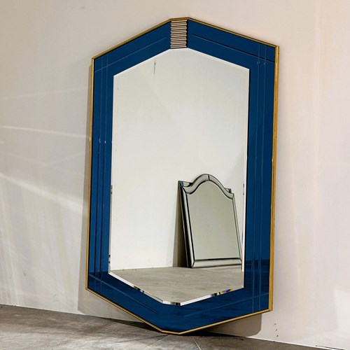 Rare 1980S Blue And Brass Geometric Wall Mirror By Schöninger – Postmodern