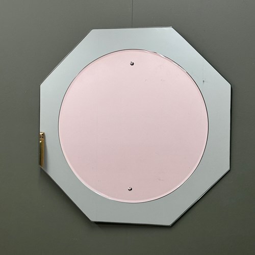 Italian Octagonal Aqua Glass Mirror, Soft Pink Central Mirror, 1970S