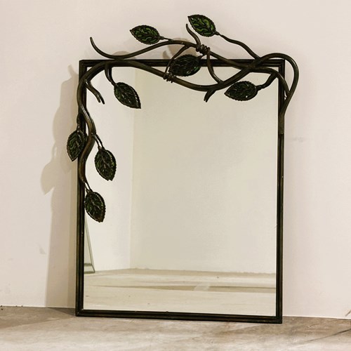 Artisan Hand-Forged Iron Mirror With Green Glass Leaves – Botanical Design