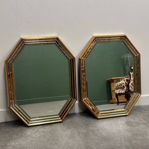 Pair Gilt Octagonal Mirrors By Deknudt • Vintage Églomisé • Belgian 1970S • Gold