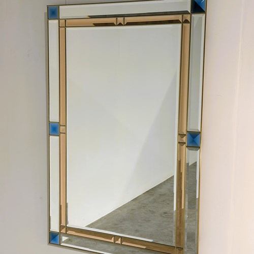 1980S Italian Mirror, Peach And Cobalt-Blue Bevelled Glass