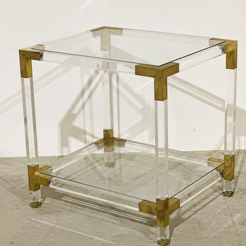 Lucite Side Table, Brass Corner Fittings