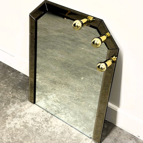 Vintage German Brass & Smoked Mirror With Architectural Faceted Top, 1980S.