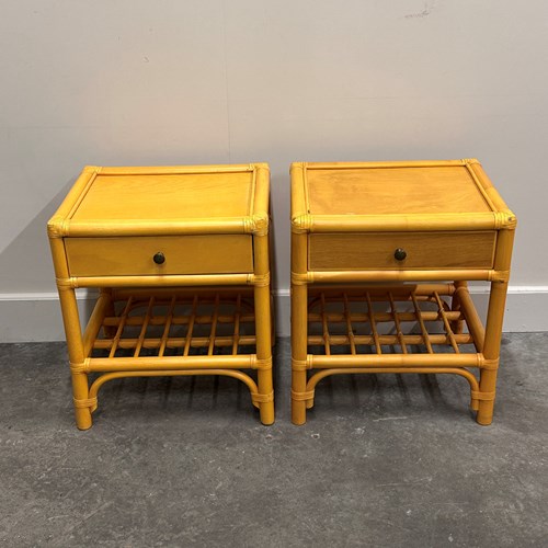 Pair Of Vintage Bamboo & Wood Nightstands With Drawer, 1970S