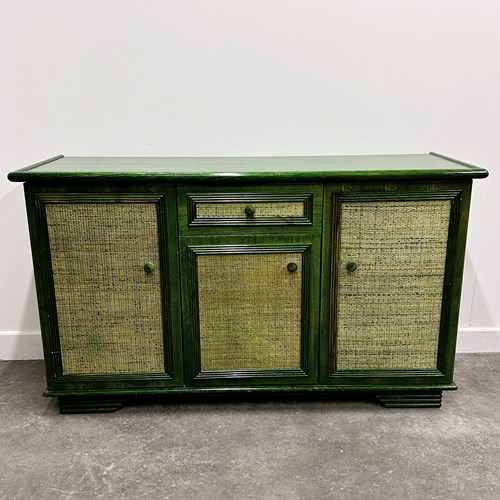 Vintage Green Lacquered Sideboard With Woven Cane Panels, Italy 1980S.