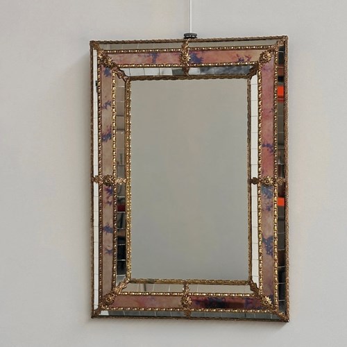 Small Spanish Brass & Mosaic Mirror With Stained Pink Glass