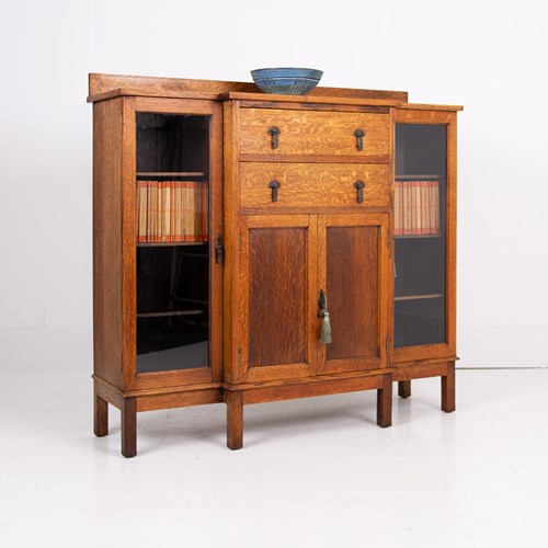 English Golden Oak Glazed Cabinet Bookcase C1920s