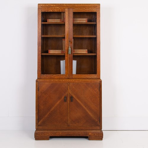  Oak Art Deco Glazed Bookcase Cabinet C1930