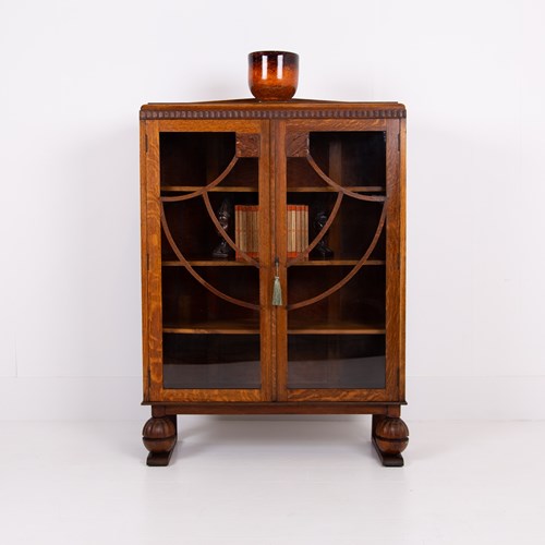 Oak Art Deco Glazed Bookcase Cabinet 1930S