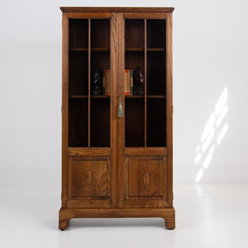 English Oak Glazed Bookcase Cabinet C1930