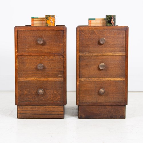 Pair 1930S Oak Bedside 3 Drawer Cabinets