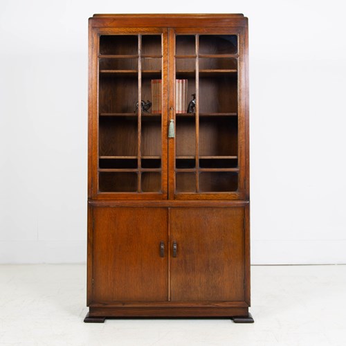 Vintage Oak Part Glazed Bookcase Cabinet C.1930