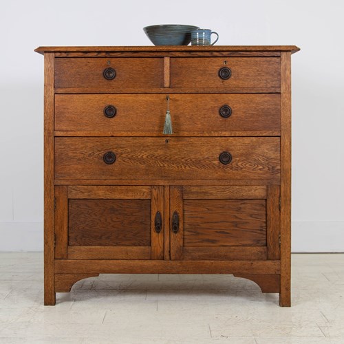 1930S Vintage Oak Chest Of 4 Drawers With Cupboard