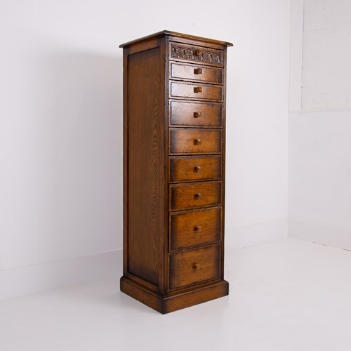 Tall Attractive Vintage Oak Chest Of 9 Drawers