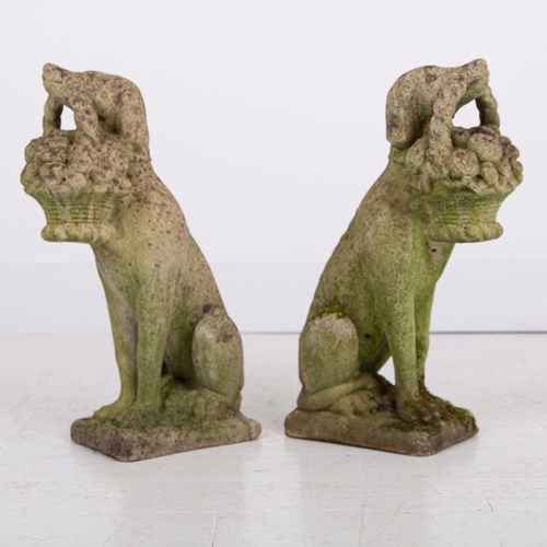 Charming Pair Of Weathered Garden Stone Dogs
