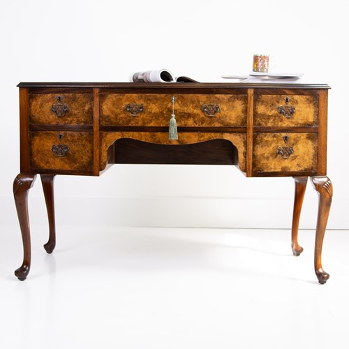 1930S Bow Front Burr Walnut 5 Drawer Desk
