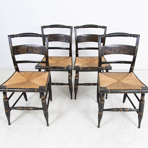  4  C19th Black Painted Hitchcock Side Dining Chairs