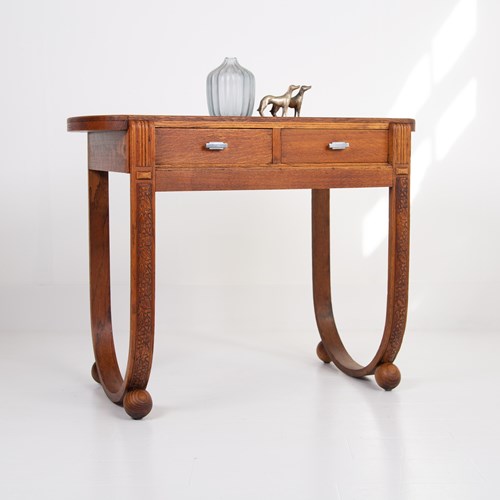 Splendid Rare Little Oak Art Deco 2 Drawer Desk Console 