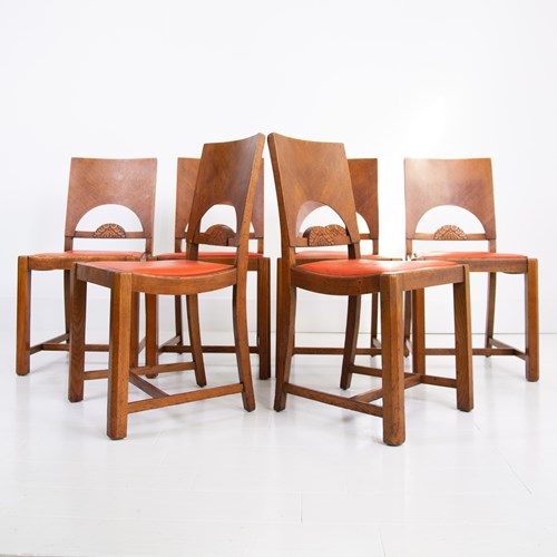  6 English Deco Oak Dining Chairs Gomme C1930