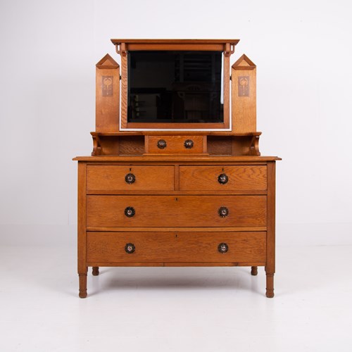 Oak Antique Arts And Crafts Dressing Chest With Mirror 1910