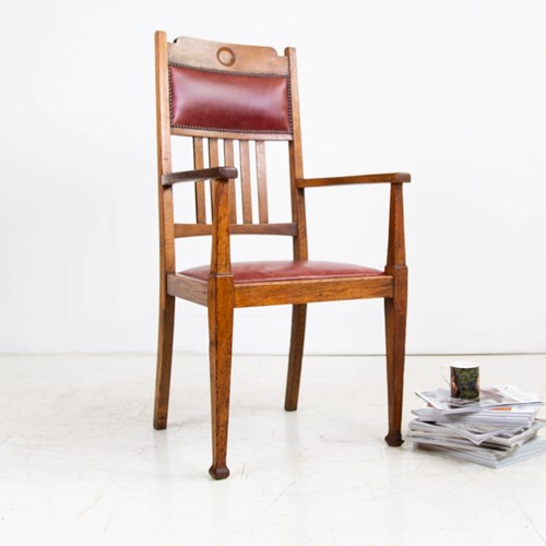 Arts Crafts Oak Hall Chair With Leather Seat C1910